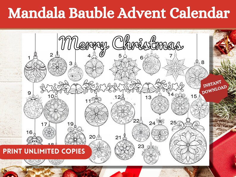 Advent Calendar Coloring Page, Christmas Baubles Mandala Coloring Page ...