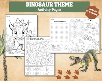 Dinosaur Activity Pages, Dino Coloring Sheet, Birthday Activity Placemat, Printable Pages for Kids, School Holiday Weekends Activity
