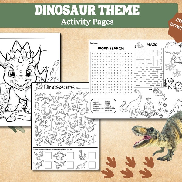 Dinosaur Activity Pages, Dino Coloring Sheet, Birthday Activity Placemat, Printable Pages for Kids, School Holiday Weekends Activity