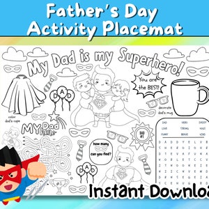 Activity Placemat for Father's Day, Best Dad Celebration Printable Page with Games Puzzles and Coloring, Superhero Daddy All About Dad