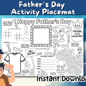 Father's Day Printable Coloring Placemat, Best Dad Celebration with Games Puzzles and Coloring Images, All About My Dad Activity for Kids