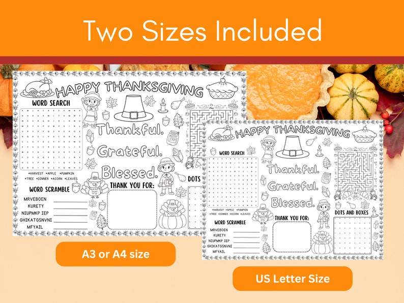 Thanksgiving Activity Placemat for Kids and Adults, Dinner Table Games