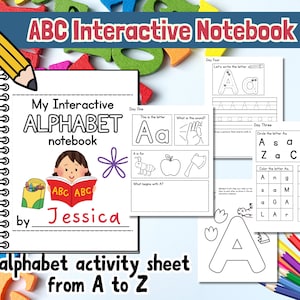 May include: An interactive alphabet notebook activity set featuring pages for letters A through Z. The cover displays a child reading a book labeled ABC, with interior worksheets showing tracing exercises, letter identification, and coloring tasks.