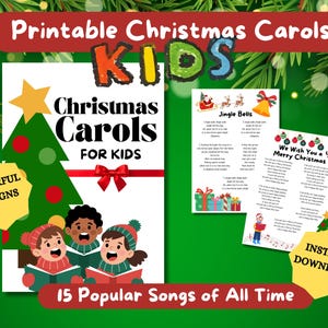 Christmas Carols for Kids, Printable Song Lyrics, Decembef Caroling Book, Popular Songs Favorite, Holiday Party Activity, Digital Songbook
