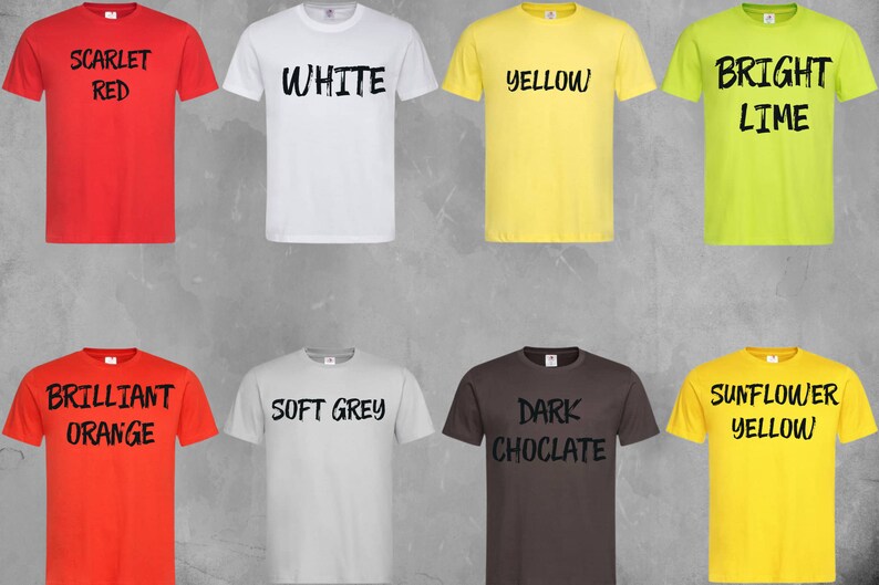 May include: Eight short-sleeved t-shirts in a variety of colours, each with a colour name in bold black text. Colours include scarlet red, white, yellow, bright lime, brilliant orange, soft grey, dark chocolate, and sunflower yellow.