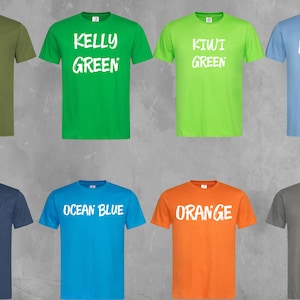 May include: Eight short-sleeved t-shirts in a range of colours: hunter green, kelly green, kiwi green, light blue, navy blue, ocean blue, orange, and real grey. Each shirt has its colour name printed in white, bold letters.