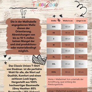 May include: A size guide for unisex T-shirts, displaying measurements in centimetres for sizes XXS to XXXL. The chart details width and length, with notes on measurement points. The text also mentions the T-shirt is made of 100% cotton.