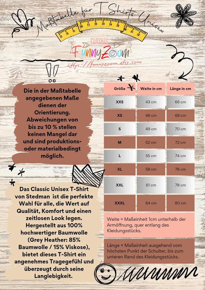 May include: A size guide for unisex T-shirts, displaying measurements in centimetres for sizes XXS to XXXL. The chart details width and length, with notes on measurement points. The text also mentions the T-shirt is made of 100% cotton.
