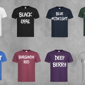 May include: Eight t-shirts in a range of colours, such as white, black, and blue. Each shirt has a colour name printed on it in a bold, white, handwritten font. The shirts are displayed against a grey background.