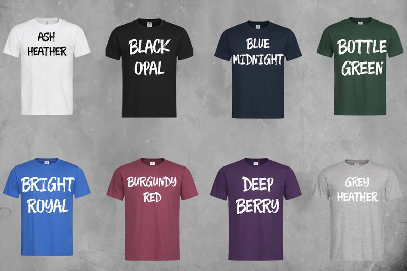 May include: Eight t-shirts in a range of colours, such as white, black, and blue. Each shirt has a colour name printed on it in a bold, white, handwritten font. The shirts are displayed against a grey background.