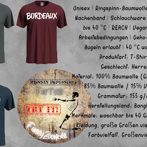 May include: Three t-shirts in grey, burgundy, and blue, each with white text. The grey shirt says "SLATE GREY", the burgundy shirt says "BORDEAUX", and the blue shirt says "MARINA BLUE".