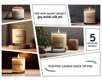May include: Five scented candle mockups with a white background. The candles are in glass jars with labels that say "Place Your Design Here". The candles are lit and have a warm glow. The mockups are perfect for showcasing your candle designs.
