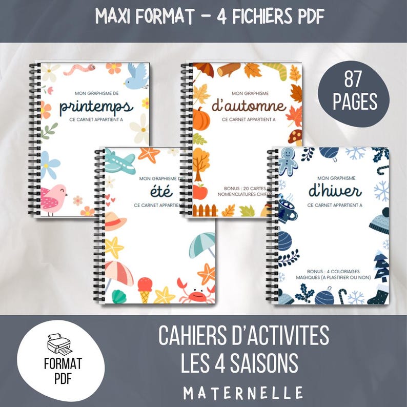 May include: Four colorful activity workbooks for preschoolers, each featuring a different season: spring, summer, fall, and winter. Each book has a title page with a colorful illustration and the text "Mon graphisme de..." followed by the season name. The books are designed for children learning to write and include a bonus of 20 cards and 4 coloring pages.