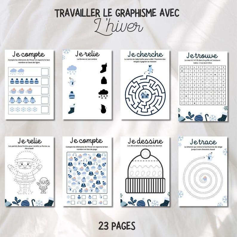 May include: A set of printable worksheets for kids to practice their fine motor skills and learn about winter. The worksheets feature activities like counting, connecting the dots, tracing, and finding hidden objects. The worksheets are designed to be fun and engaging for children.