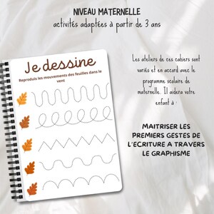 May include: A worksheet for preschoolers with the title "Je dessine" and instructions to reproduce the movements of leaves in the wind. The worksheet features four lines of dotted lines for tracing, each with a small illustration of an orange and brown leaf.