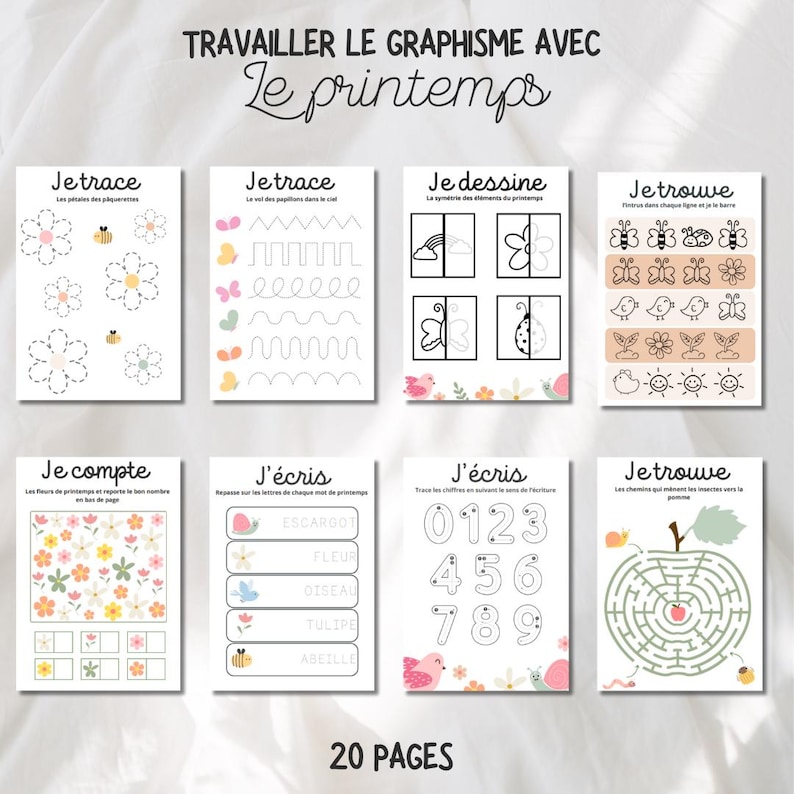 May include: A set of 8 printable worksheets for kids to practice tracing, drawing, counting, and writing. The worksheets feature a spring theme with images of butterflies, flowers, birds, and bees. The text on the worksheets is in French.