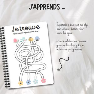 May include: A black and white worksheet with the title "Jetrouve" and the text "Quel insecte rejoint quelle fleur". The worksheet features a maze with a snail, dragonfly, bee, and ladybug. The maze leads to four flowers, each with a different color.