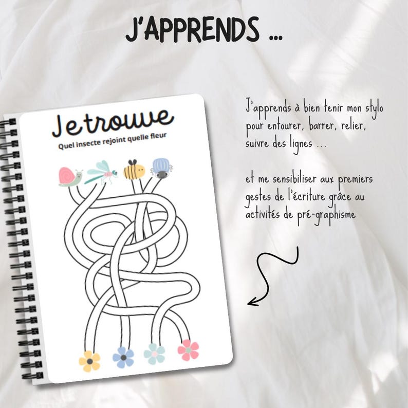 May include: A black and white worksheet with the title "Jetrouve" and the text "Quel insecte rejoint quelle fleur". The worksheet features a maze with a snail, dragonfly, bee, and ladybug. The maze leads to four flowers, each with a different color.