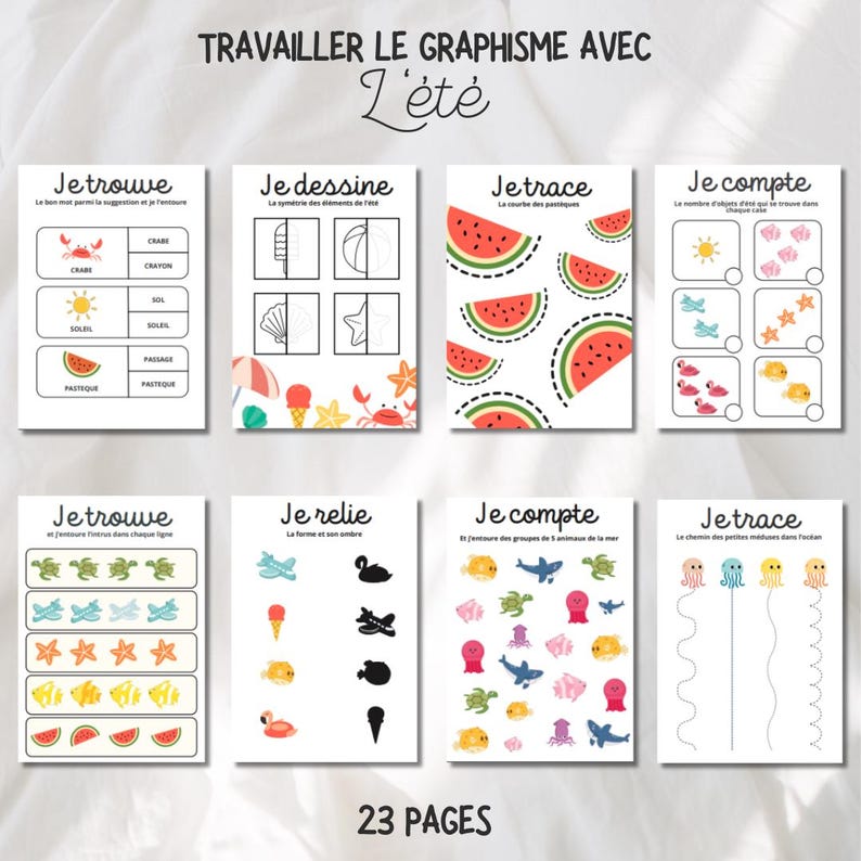 May include: A set of 8 printable worksheets for kids to practice their fine motor skills and learn about summer. The worksheets feature various activities such as counting, tracing, drawing, and finding matching images. The worksheets are designed with a summer theme and feature images of watermelon, seashells, crabs, ice cream, and more.