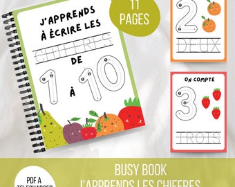 BUSY BOOK ECRITURE - Les fruits chiffres de 1 à 10 / Cahier d'activités / Fiche Montessori / Cahier de vacances / Quiet Book