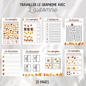 May include: A set of printable worksheets for kids featuring autumn-themed activities. The worksheets include counting, tracing, drawing, and addition problems. The worksheets are designed to help children learn and practice important skills while having fun.