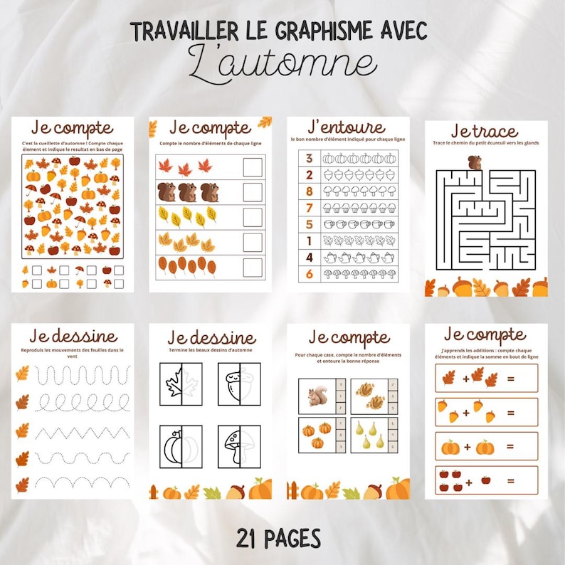 May include: A set of printable worksheets for kids featuring autumn-themed activities. The worksheets include counting, tracing, drawing, and addition problems. The worksheets are designed to help children learn and practice important skills while having fun.