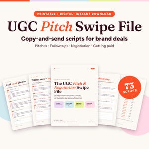 Może przedstawiać: Cyfrowy dokument zatytułowany UGC Pitch Swipe File zawierający gotowe skrypty do współpracy z markami, w tym propozycje, follow-upy i negocjacje. Kolekcja zawiera 73 skrypty dla twórców, przedstawione na białych stronach z pomarańczowym i czarnym tekstem.