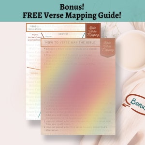 May include: A free guide to Bible verse mapping with a colorful background and the text "Bonus! FREE Verse Mapping Guide!" and "Bible Verse Mapping" in a brown rectangle. The guide includes instructions on how to choose a verse, pray, study, and journal about the verse.