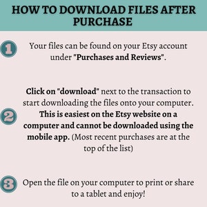 May include: A three-step guide on how to download files after purchase on Etsy. The steps are numbered 1, 2, and 3. Each step is outlined in a white box with a teal border. The background is a light pink color.