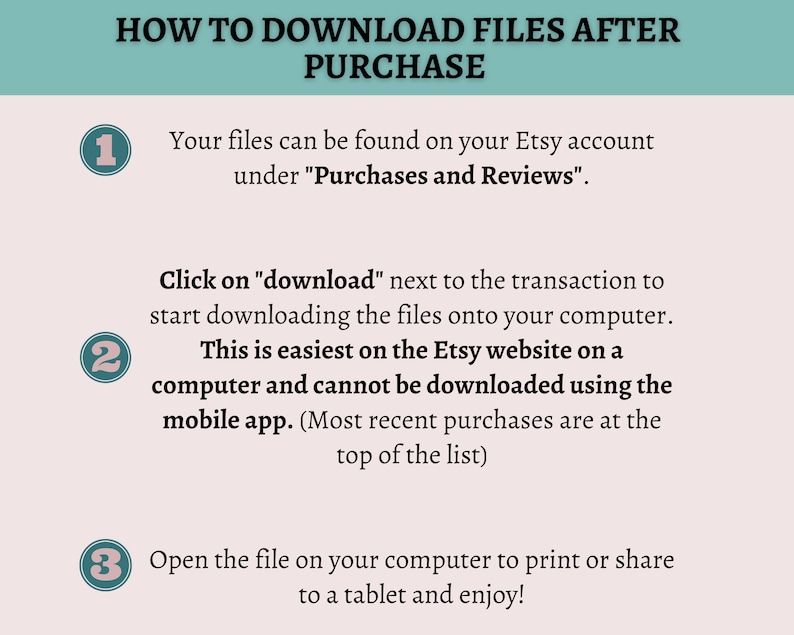 May include: A three-step guide on how to download files after purchase on Etsy. The steps are numbered 1, 2, and 3. Each step is outlined in a white box with a teal border. The background is a light pink color.