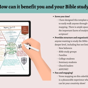 May include: A digital tablet displaying a colorful Bible verse mapping template with the title "Bible Verse Mapping" and the text "Psalms 46:1-3". The template is divided into sections for verse translation, word breakdowns, context, cross-references, God's goodness, applications, and reflections. The image shows a hand holding a stylus, suggesting that the template is used for interactive Bible study.