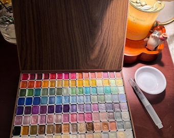 Set de 120 pinturas de acuarela con purpurina en caja de madera para artistas, ilustraciones, dibujo y trabajos artísticos profesionales.