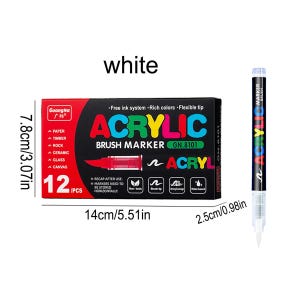 May include: A set of 12 acrylic brush markers in a box, with a single marker displayed. The box is red and black, with the word "ACRYLIC" in colorful letters. The box measures 5.51 inches long and 3.07 inches high.