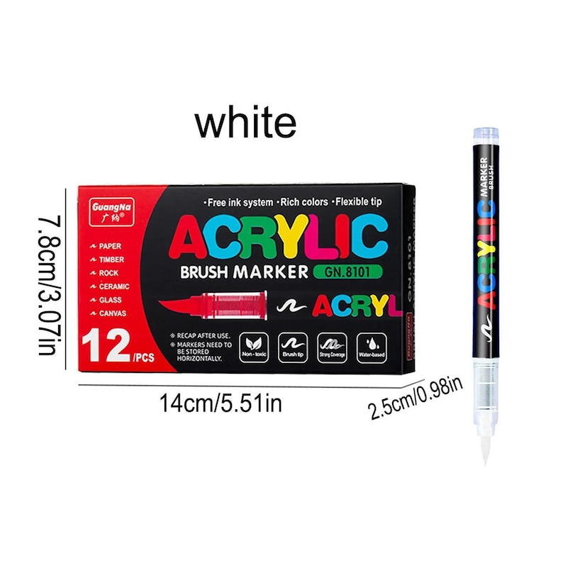 May include: A set of 12 acrylic brush markers in a box, with a single marker displayed. The box is red and black, with the word "ACRYLIC" in colorful letters. The box measures 5.51 inches long and 3.07 inches high.