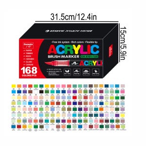 May include: A black box of 168 acrylic brush markers. The box is labeled with the text "ACRYLIC BRUSH MARKER" and includes the dimensions 12.4 inches by 5.9 inches. The box also lists features like "Free ink system" and "Flexible tip."