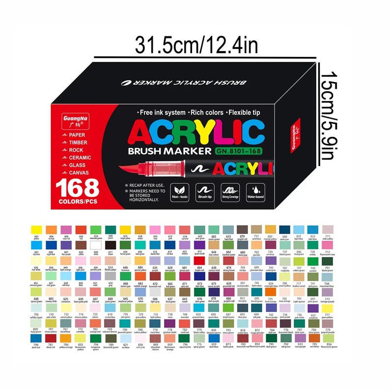May include: A black box of 168 acrylic brush markers. The box is labeled with the text "ACRYLIC BRUSH MARKER" and includes the dimensions 12.4 inches by 5.9 inches. The box also lists features like "Free ink system" and "Flexible tip."