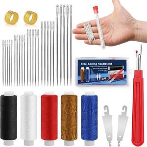 May include: A comprehensive sewing kit featuring various needles, spools of black, white, red, brown, and blue thread, thimbles, and a seam ripper. The kit includes a clear container of needles and a small box labeled "Steel Sewing Needles Kit."