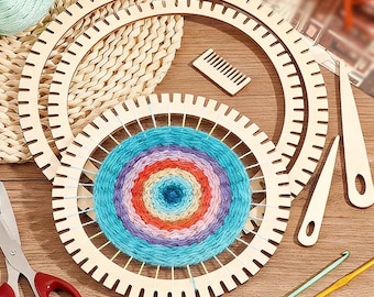 6-teiliges rundes Webrahmen-Kit mit kreisförmigen Zahnrädern aus Holz für DIY-Weben, Fiber Art & Anfängerhandwerk