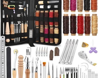Leather Craft Tool Kit: Sewing, Punching, Stamping Set with Storage Bag