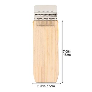 May include: A wooden weaving tool with a metal top and metal teeth. The tool is 7.09 inches (18 cm) long and 2.95 inches (7.5 cm) wide. The tool is used for weaving and creating fabric.