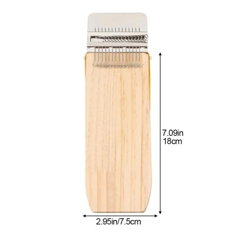 May include: A wooden weaving tool with a metal top and metal teeth. The tool is 7.09 inches (18 cm) long and 2.95 inches (7.5 cm) wide. The tool is used for weaving and creating fabric.