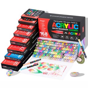 May include: A collection of acrylic brush markers in various colors, with boxes displaying the number of markers per box. The main box reads "ACRYLIC BRUSH MARKER" and "168 COLORS/PCS". The markers are suitable for paper, timber, rock, ceramic, glass, and canvas.