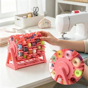 May include: A pink plastic rotating bobbin holder rack featuring multiple slots filled with assorted colorful sewing machine bobbins. The rack has a triangular base and a circular spinning mechanism, shown in a circular inset detail view.