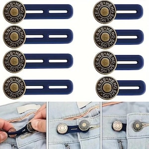 May include: A set of ten navy blue jean button extenders with brass-colored buttons. Each extender features a button with the text "JEANS HENG SHENG" and a flexible loop. The image also shows how to use the extenders on a pair of jeans.
