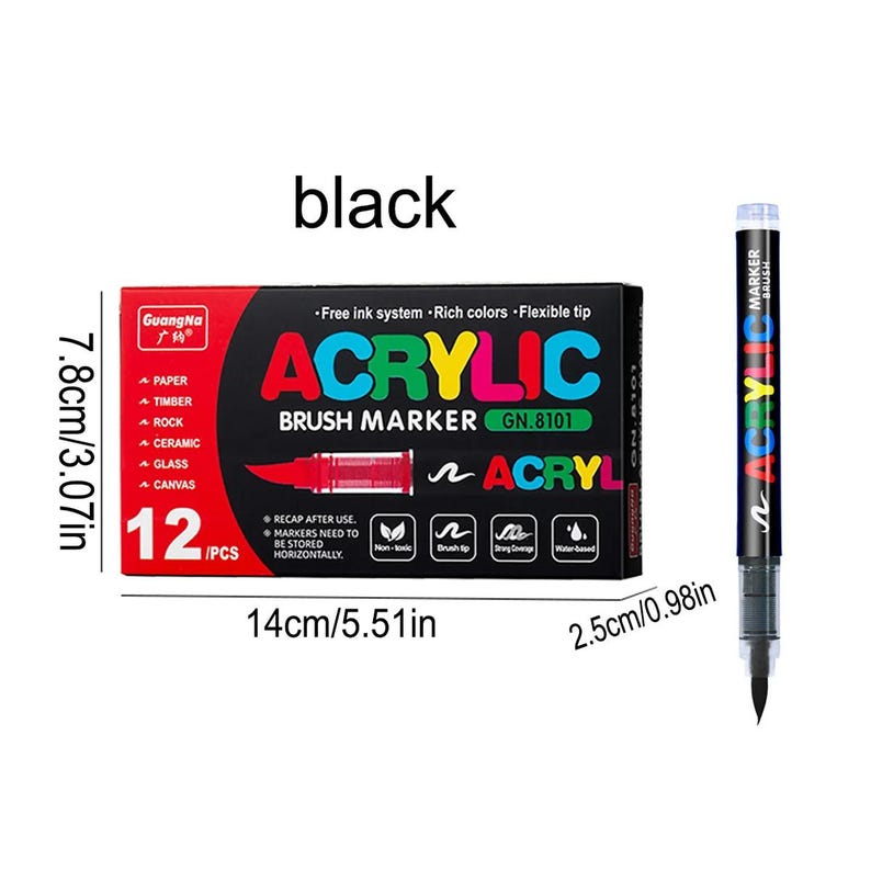 May include: A set of 12 acrylic brush markers in a black box, with the word "ACRYLIC" in colorful letters. The box is 5.51 inches wide and 3.07 inches tall. A single black marker is also shown, 0.98 inches wide.