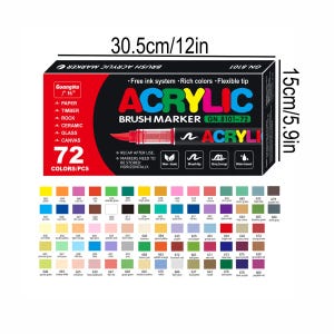 May include: A box of 72 acrylic brush markers, 12 inches long and 5.9 inches high, with a variety of colors. The box features the text "ACRYLIC BRUSH MARKER" and "72 COLORS/PCS". The markers are suitable for paper, timber, rock, ceramic, glass, and canvas.