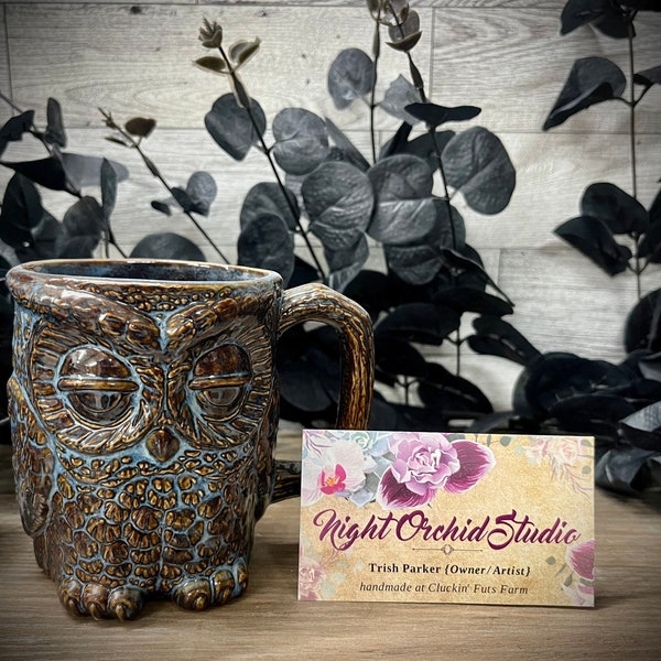 BlueBrown Doubled-sided Owl Mug - Handmade pottery ceramics