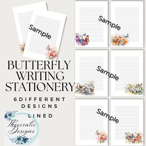 May include: Butterfly writing stationery with six different lined designs. The stationery features floral and butterfly illustrations in watercolor. The text "Sample" is printed on some of the pages. The logo for Theocratic Designs is also visible.