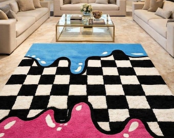 Checkerboard Melting Rug, Irregular Abstract Area Rug 5x8,6x9,8x10,9x12ft, Colorful Modern Statement Carpet for Living Room Home Decor