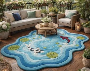 Koi Fish Pond Tufted Rug – Handmade Blue Green New Zealand Wool Area Rug, Japanese Zen Fish Carpet, Nature Inspired Modern Home Decor